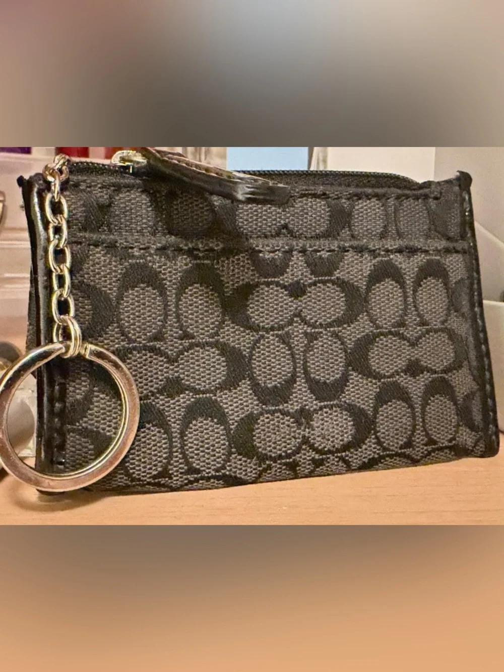 Coach Black Signature C Canvas Coin Pouch - Authentic w/ Leather Trim